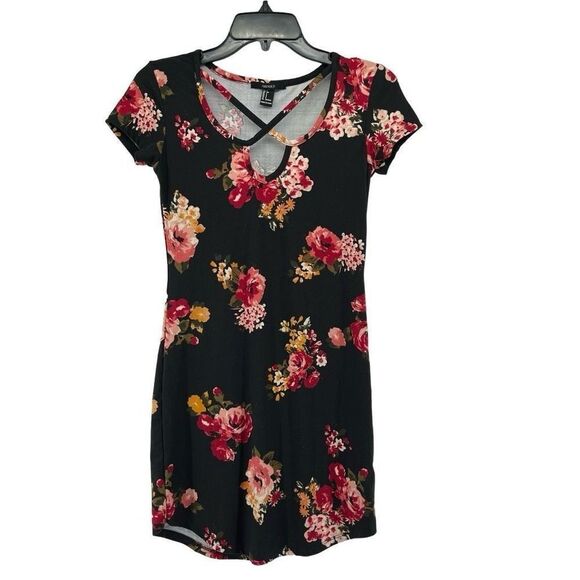 Forever 21 Criss-Cross Black Floral Print Short Sleeve Pullover Mini Dress Small - Picture 1 of 10
